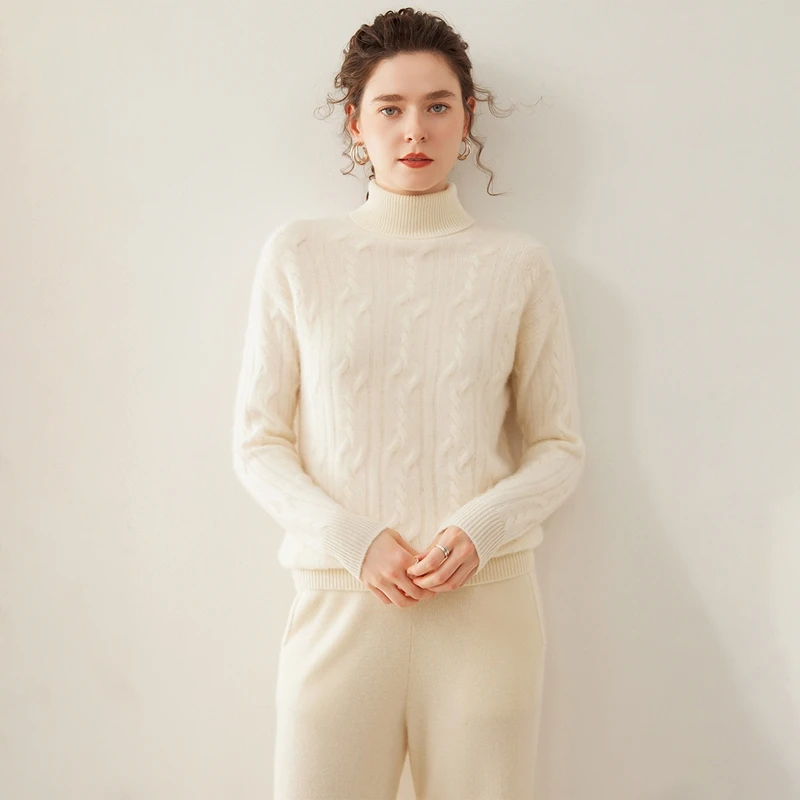 

New Women's High Neck Cable Knit Pullover 100% Cashmere Warm Casual Sweater Autumn Winter Simple Temperament Knit Inner Wear Top