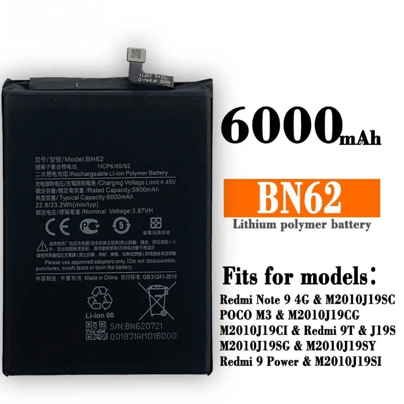 Brand New BN62 6000mAh Mobile Phone Battery For Xiaomi  POCO M3 Redmi Note 9 4G  Redmi  9T 4G  Phone Replacement Batteries+tools