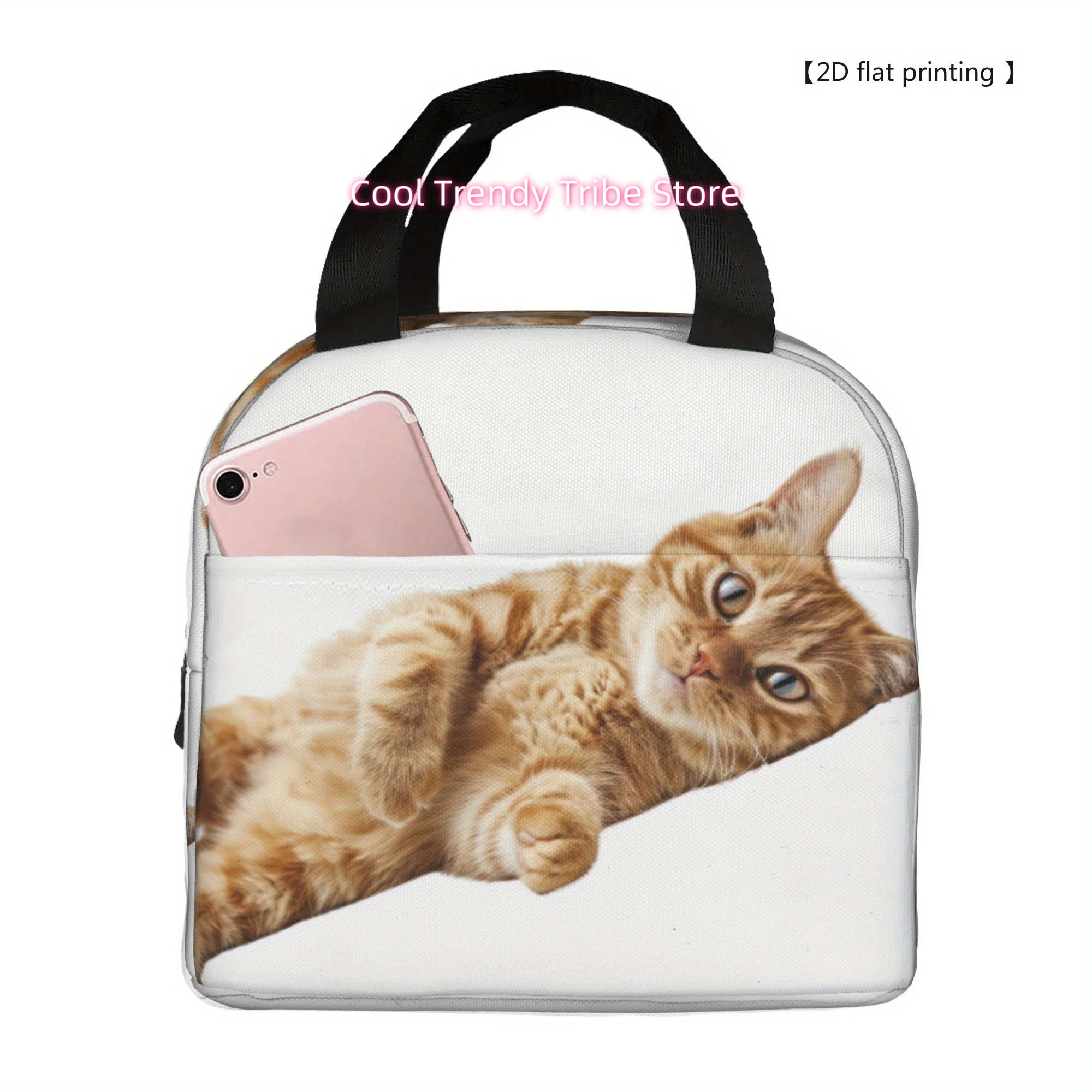 1pc [2D Flat Printing] The Pattern of a Sleeping Cat Portable Reusable Cooler Bag, Lunch Bag Boxed Meal Package Top - Handle Bag