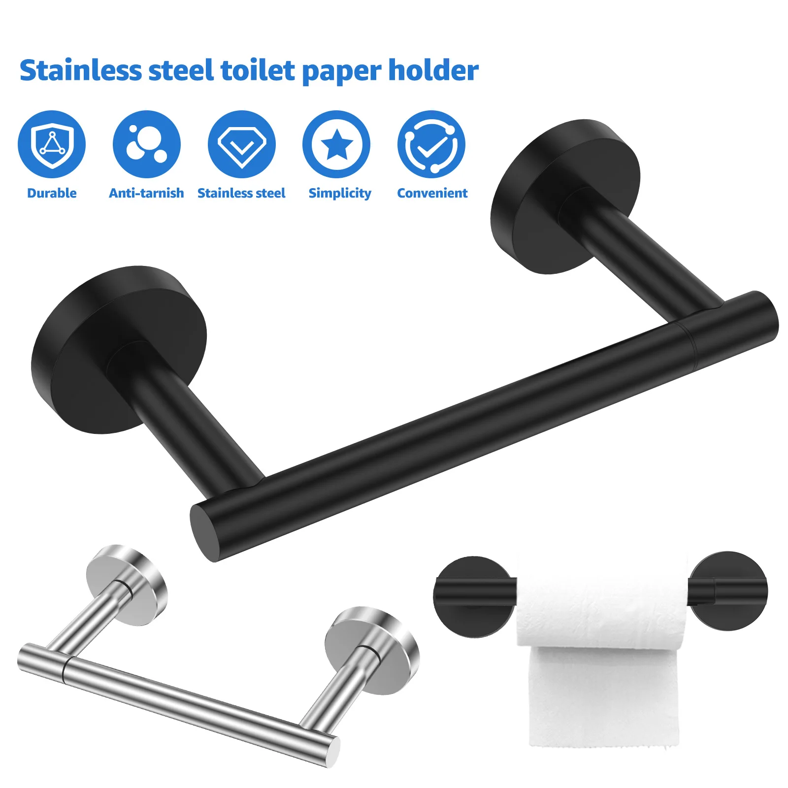 

Toilet Paper Holder Wall Mounted Toilet Tissue Rack with Double Base 304 Stainless Steel Toilet Paper Shelf Silver/Black Toilet