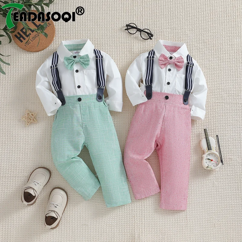 

1-7Y Spring Autumn Toddler Kids Outfit Suit For Boys Gentleman Necktie Shirts+Suspender Pants Infants Children Clothes 2Pcs Set