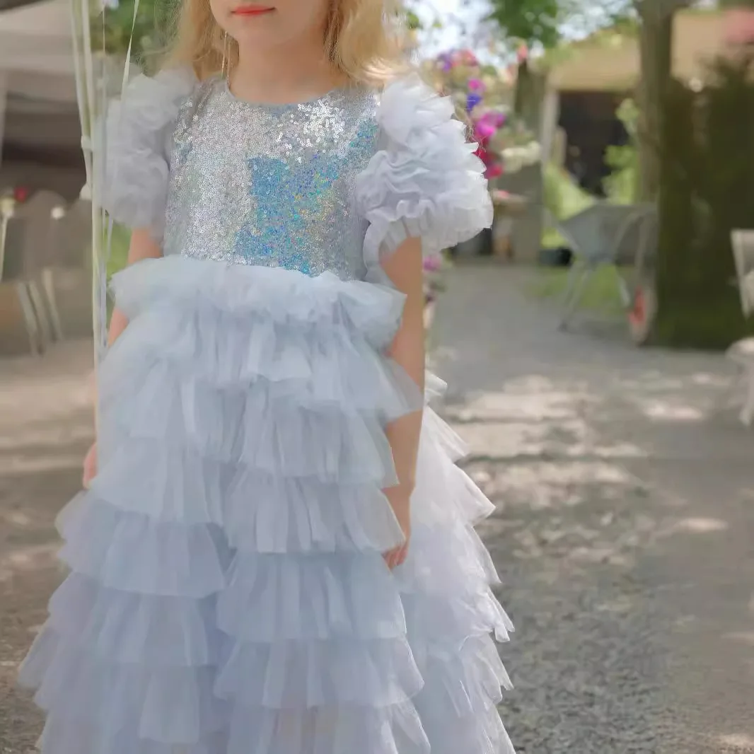 Flower Girls Dresse Girl's sequined dress, Princess Elsa's blue gradient fluffy veil dress, birthday party cake dress