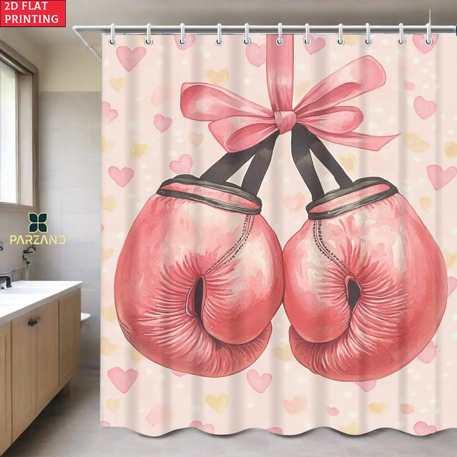 Cute Pink Boxing Gloves Shower Curtain Bathroom Decor Novelty Shower Curtain for Kids and Girls Bathroom Accessories