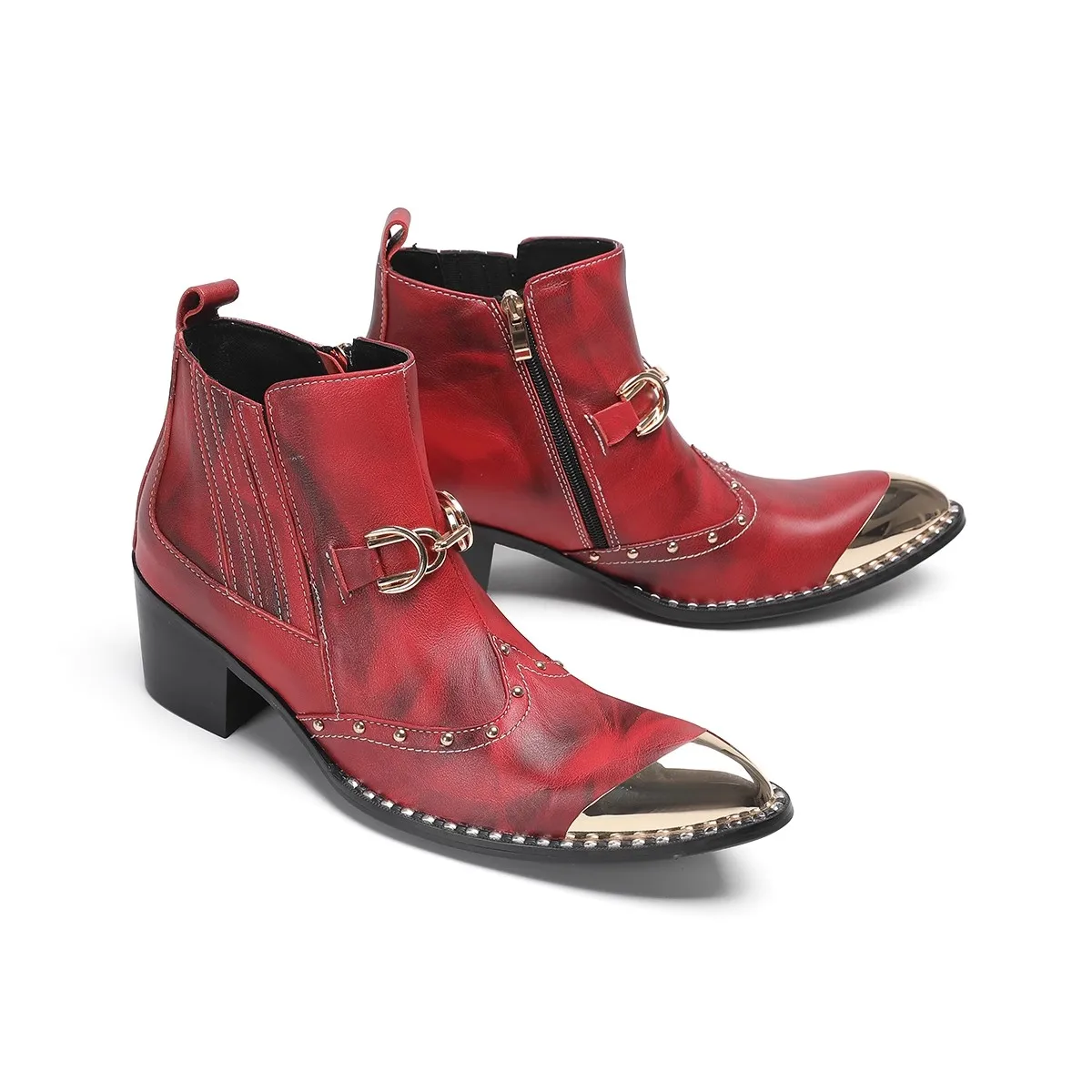 

New Fashion Red Ankle Boots Luxury Men Metal Rivets Decor Genuine Leather Formal Wedding Dress Boots
