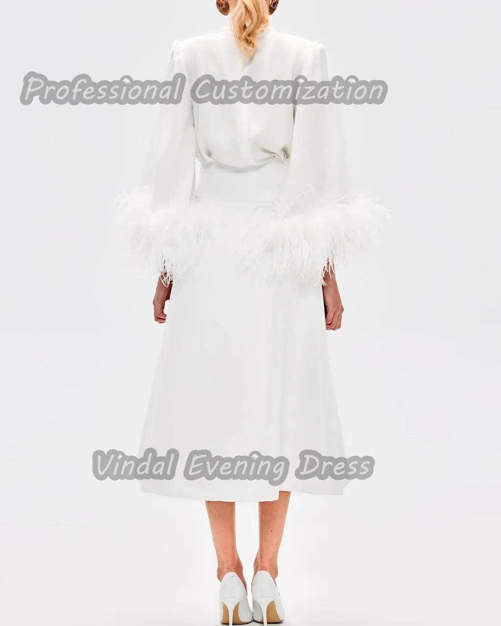 Vindal O-Neck Knee Length Beaded A-Line Feathers Sexy luxurious Breast padding Crepe Elegant Half Sleeves  السعود For Woman 2024