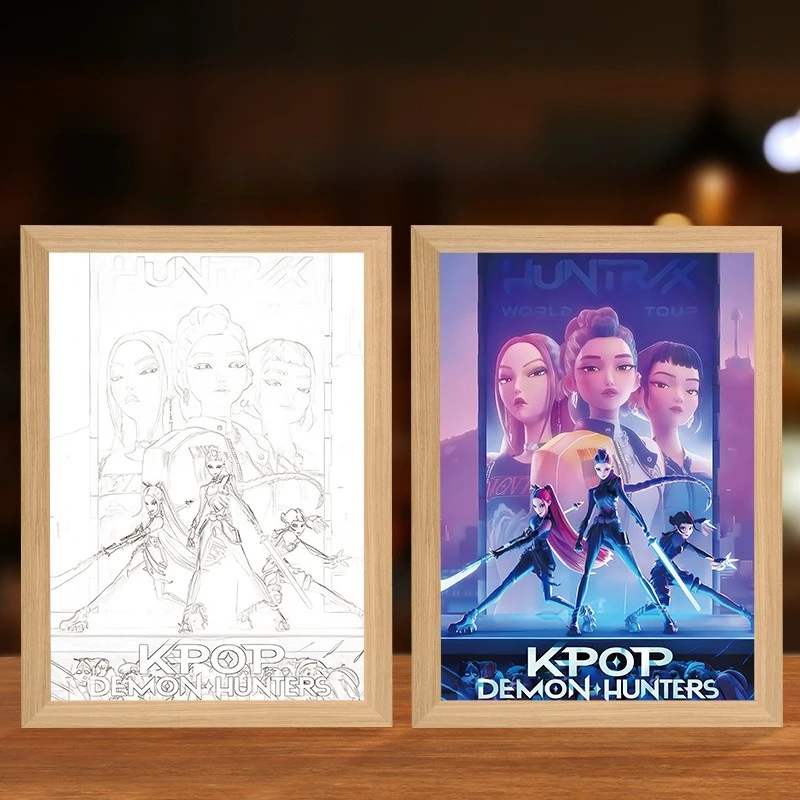 

Kpop Охотники на демонов Картина с деревянной рамкой Мультфильм Аниме Руми Мира Zoey Jinu 3-цветная сменная картина Настольный декор Картина