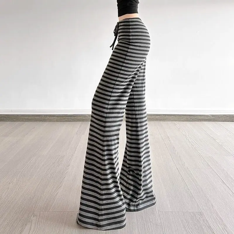 Stylish Drawstring High Waist Trousers Women's Clothing American Casual Striped Autumn Basic Contrasting Colors Bootcut Pants