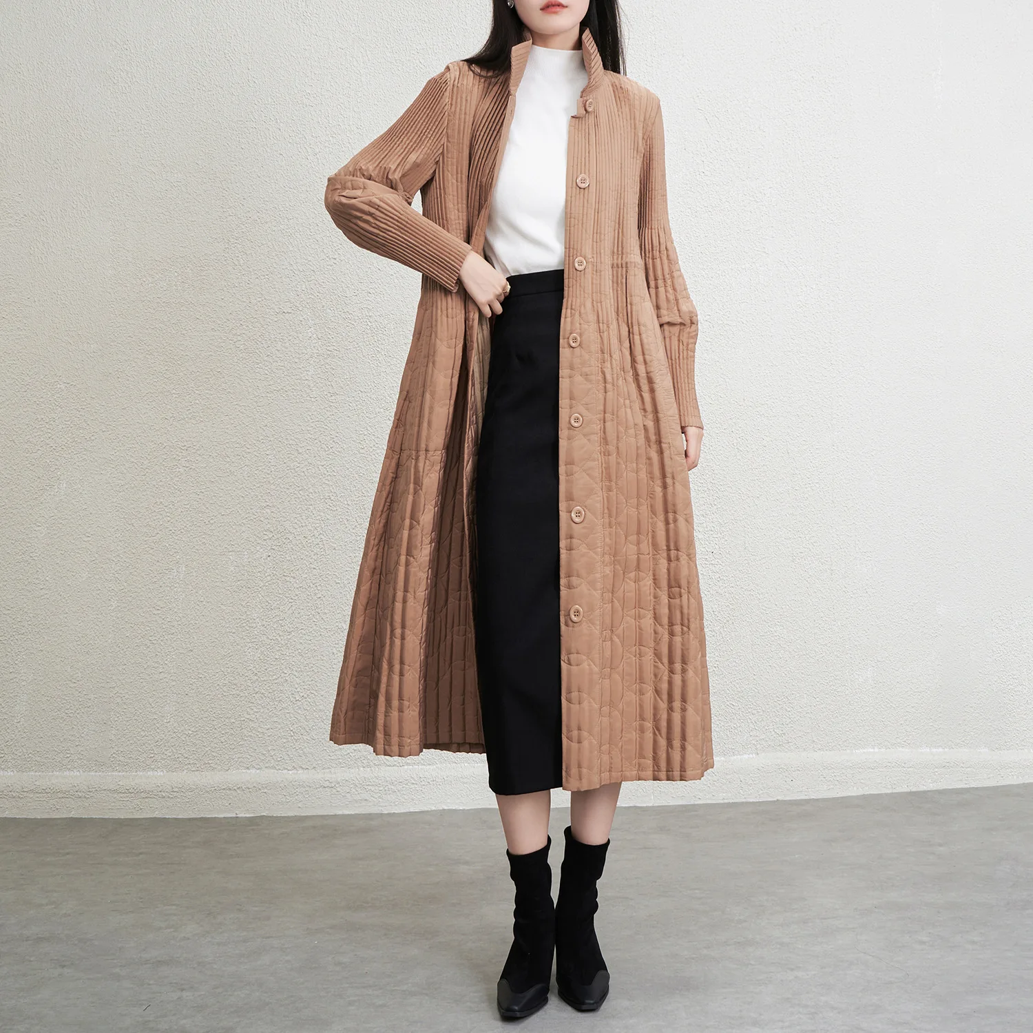 Women's Parkas 2025 Autumn New Pleated Lapel Windbreaker Loose Slim Versatile Medium-length Thickened Solid Cotton Coat Jacket