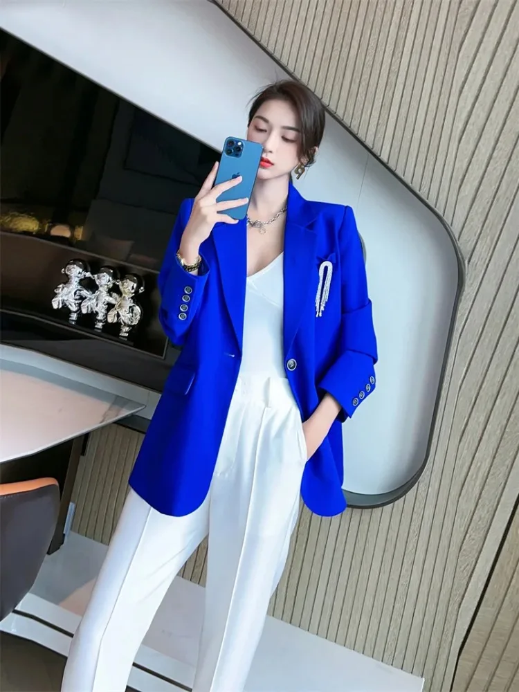 

Insozkdg 2024 Spring Autumn Women Suit Jacket Blue Age-Reducing Slimming Fashion Casual All-match Single-breasted Solid Suit Top