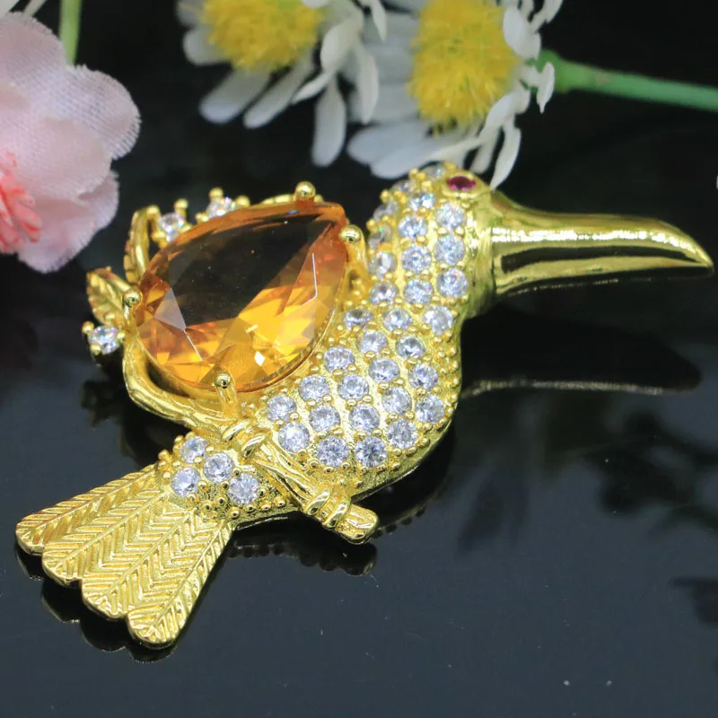 Buy 5 Get 1 Free 49x39mm Eye Catching 8.5g Songbird created Golden Citrine Tourmaline CZ Women Present Gold plated Pendant