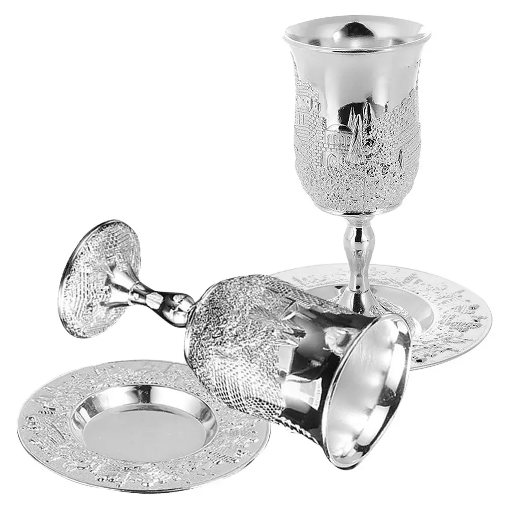 2Set Blessing Cup Set Elegant Embossed Goblet for Shabbat Passover Havdalah Ritual Jewish Ceremonial Wine Cup Zinc Alloy Holy