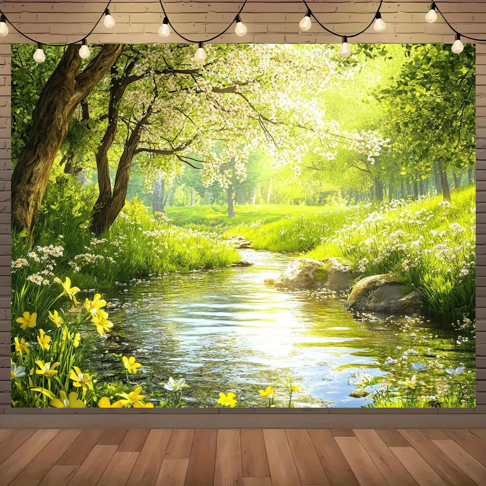 Nature Stream Tapestry Green ForestCreek Flowers Sunlight Puppies Dogs Realistic Landscape Wall Hanging Living Room BedroomDecor