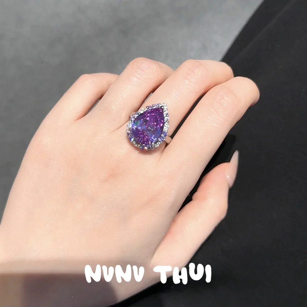 Water Drop Rings for Women Purple Gemstone Luxury Necklace Earring Brooch Jewelry Sets Vintage Jewelry Party Wedding Accessory
