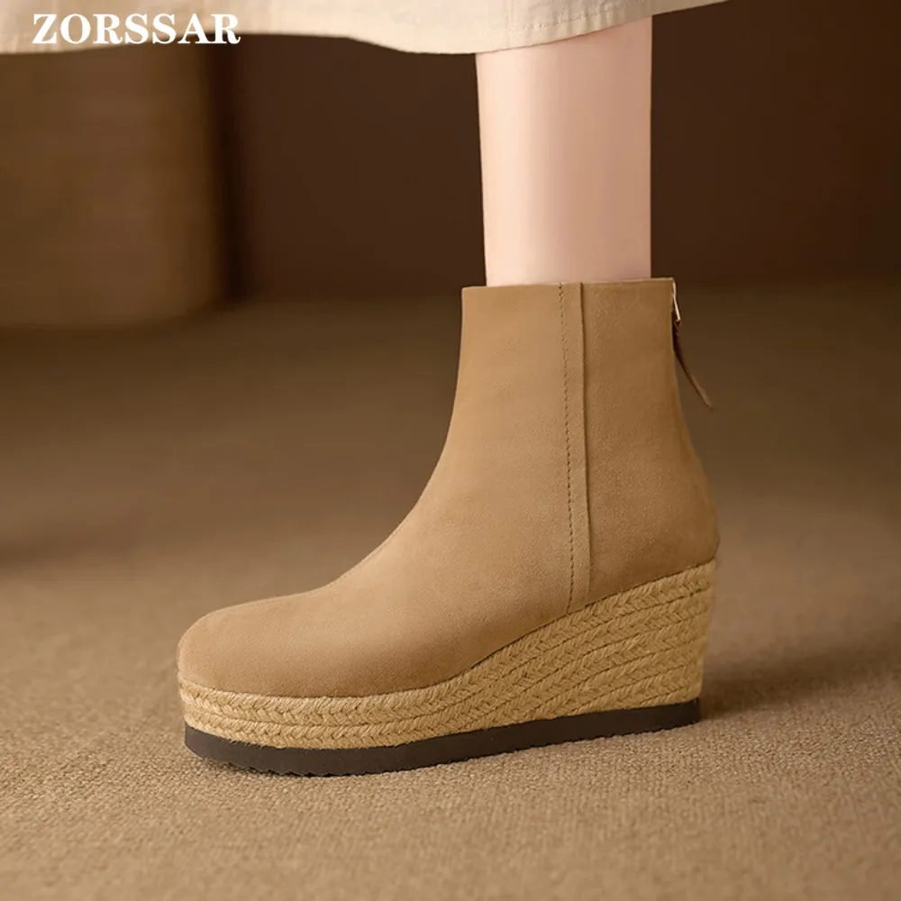 العلامة التجارية تصميم حذاء نسائي بكعب عالٍ Bootie طفل الجلد المدبوغ الإناث الأحذية الحديثة منصة النساء الأحذية موضة أسافين حذاء من الجلد المشمش الأسود #5