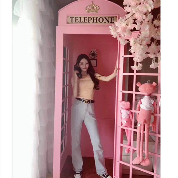 

Feat Top FT01 Big Space London Street Phone Booth Pink Iron Sheet Contemporary Design Adjustable Indoor Home Office