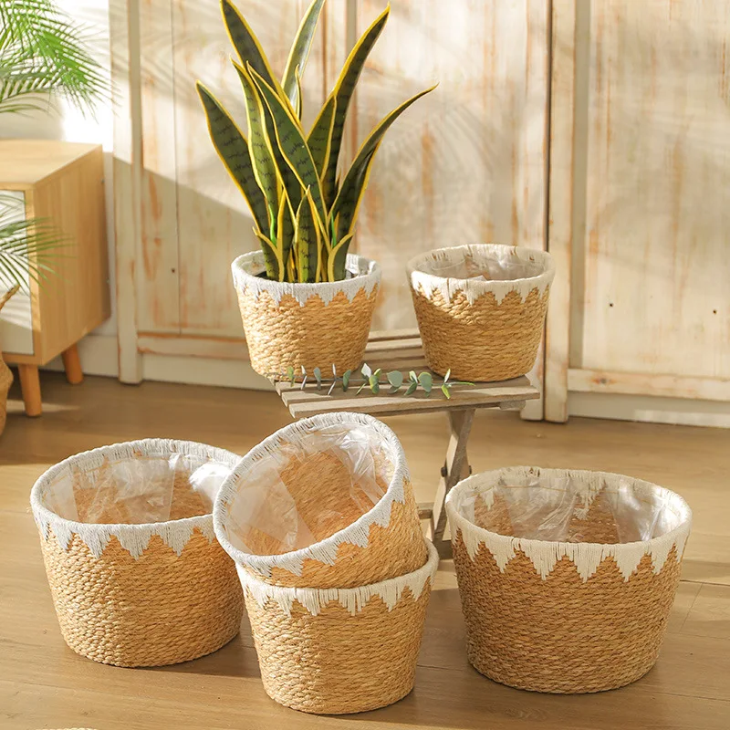 

Handmade Woven Planter Basket Laundry Storage Decorative Basket Straw Wicker Rattan Seagrass Garden Flower Pot Storage Basket