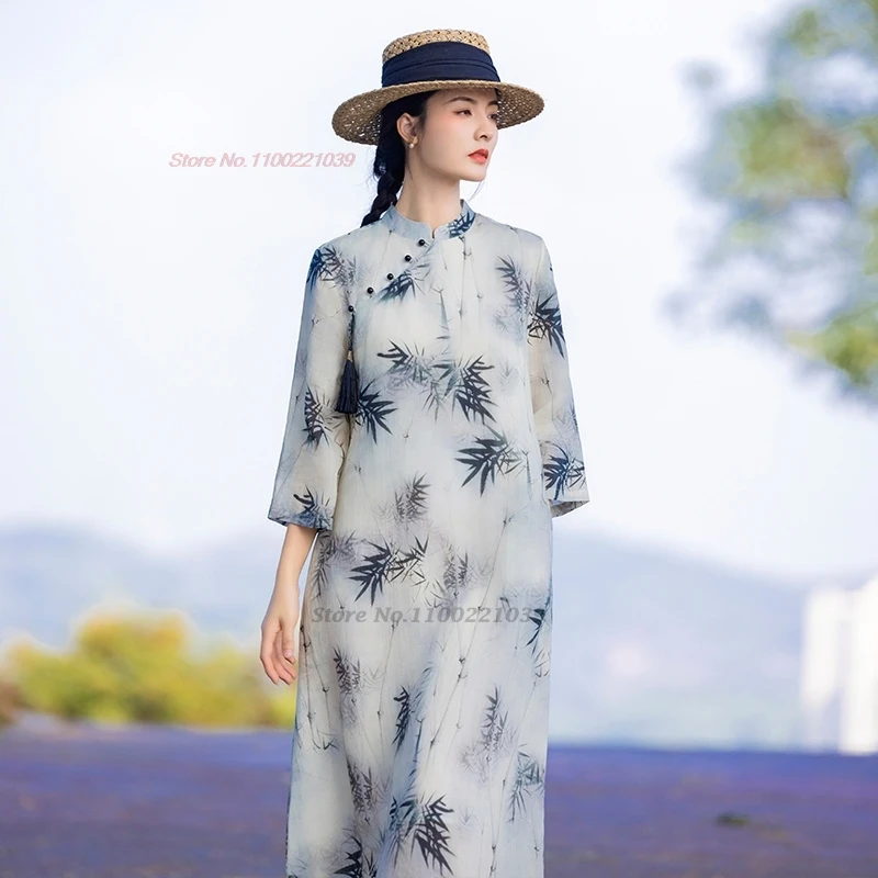 

2024 chinese vintage dress national bamboo print a-line dress cotton linen qipao traditional improved cheongsam retro folk dress