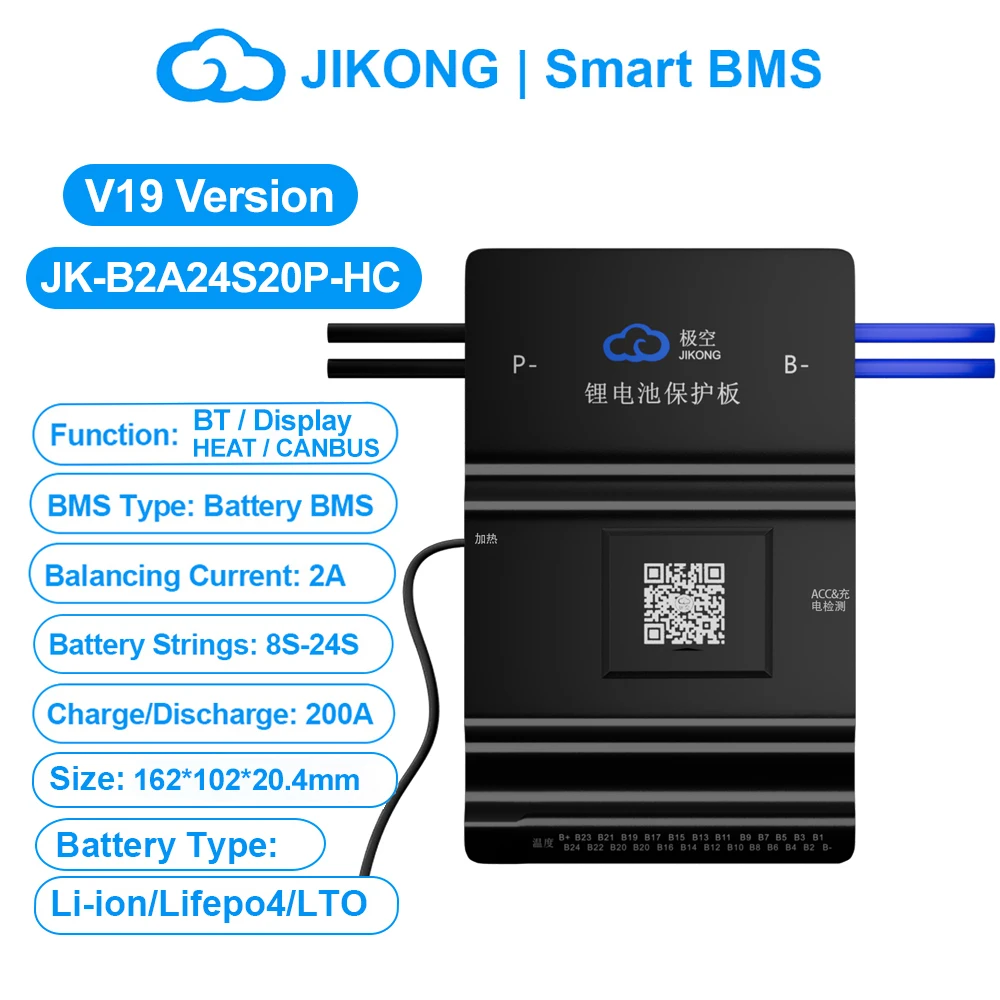 JIKONG V19 Smart BMS 4S ~ 24S BT Display Warmte KAN 0.4 ~ 2A Stroom 40A 100A 200A 300A Actieve Balancer voor Li-ion LiFePo4 Lto Batterij