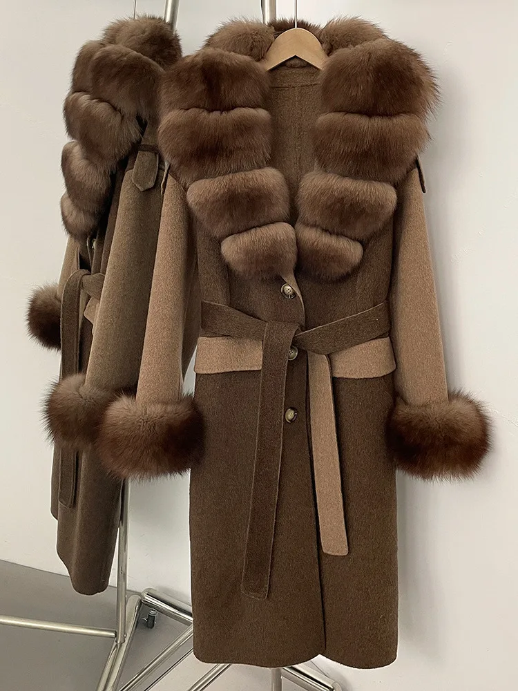 ZMEENNA Womens Elegant Two Tone Wool Blend Long Coat Faux Fur Collar และ Cuffs Tie เข็มขัดฤดูหนาว Outerwear ZM3644