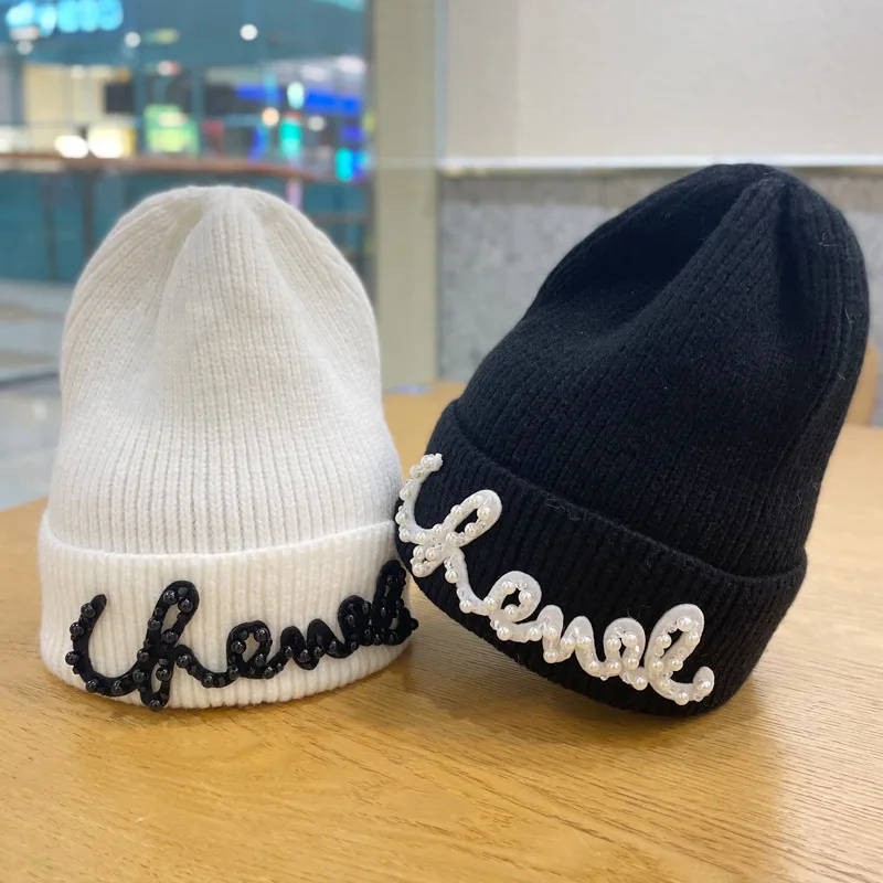 Beaded Letters Woolen Hat Fashion Solid Color High Elastic Beanie Women Hat Autumn Winter Warm Thicke Ear Protection Knitted Hat