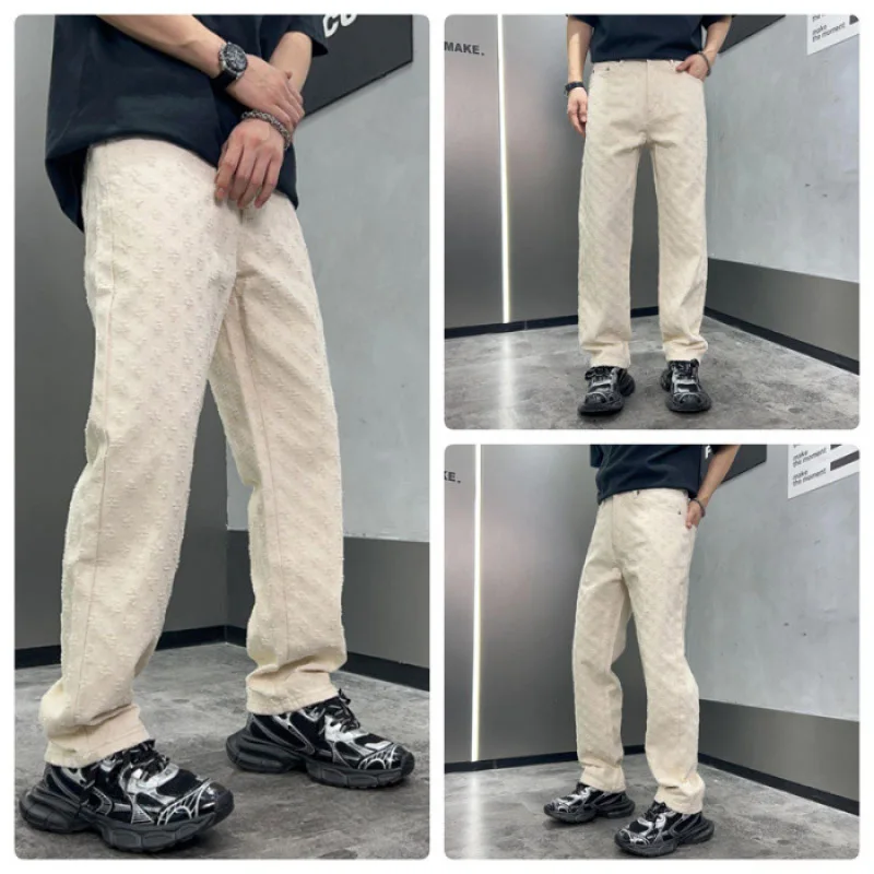 

Autumn and Winter New Full Printed Jacquard Washed Trendy Brand Slimming Denim Pants Men's Loose Straight Leg Pants American Ret