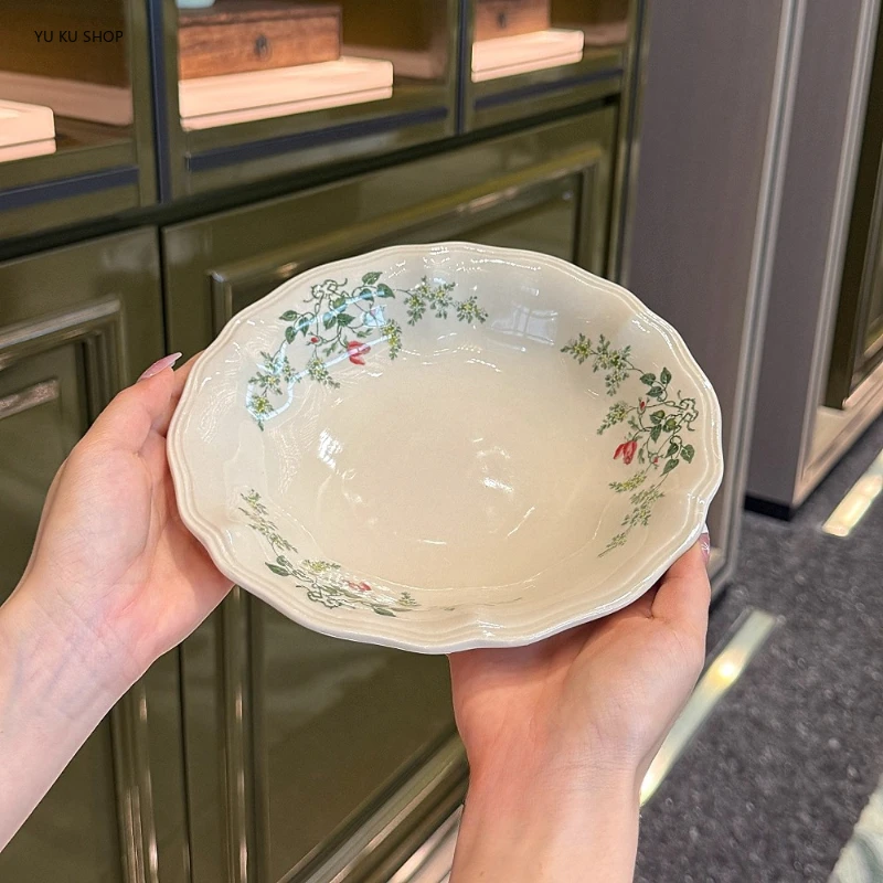 

European Ceramic Flower Pattern Tableware Soup Salad Bowl Dish Pasta Dessert Plate Dinnerware Porcelain Cutlery Table Decoration