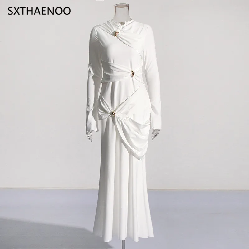 SXTHAENOO Effen Onregelmatige Jurken Voor Vrouwen Ronde Hals Lange Mouw Hoge Taille Afslanken Gesplitste Metalen Gesp Lange Jurk Vrouwelijke