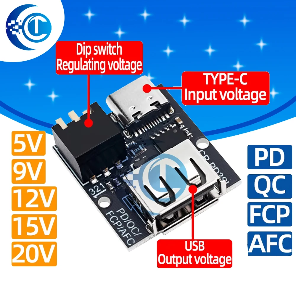 Dial Switch PD Trigger Module, QC/AFC/FCP Fast Charge Decoy 9V-20V Adjustable Voltage Adapter for Notebook & Mobile