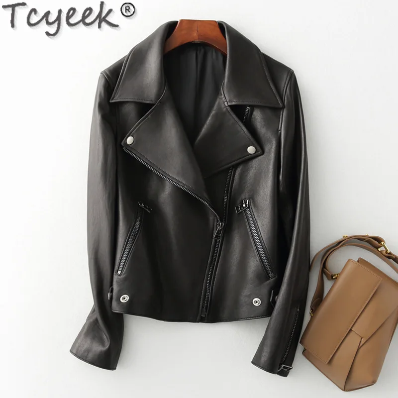 Tcyeek, chaqueta de cuero auténtico para mujer, ropa de otoño 2023, abrigo de piel de oveja auténtica, ropa de calle, chaquetas de motocicleta para mujer, chaqueta de cuero