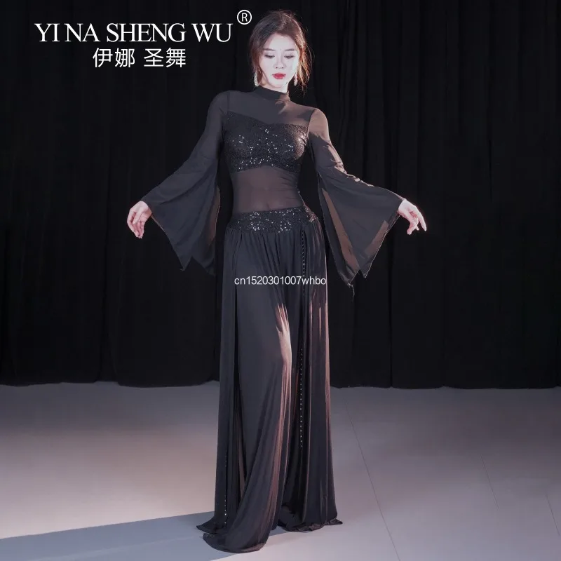 Vestido marroquí de manga larga con lentejuelas, corsé de danza del vientre de malla elástica, talla XL, ropa de lección Oriental, traje de danza del vientre