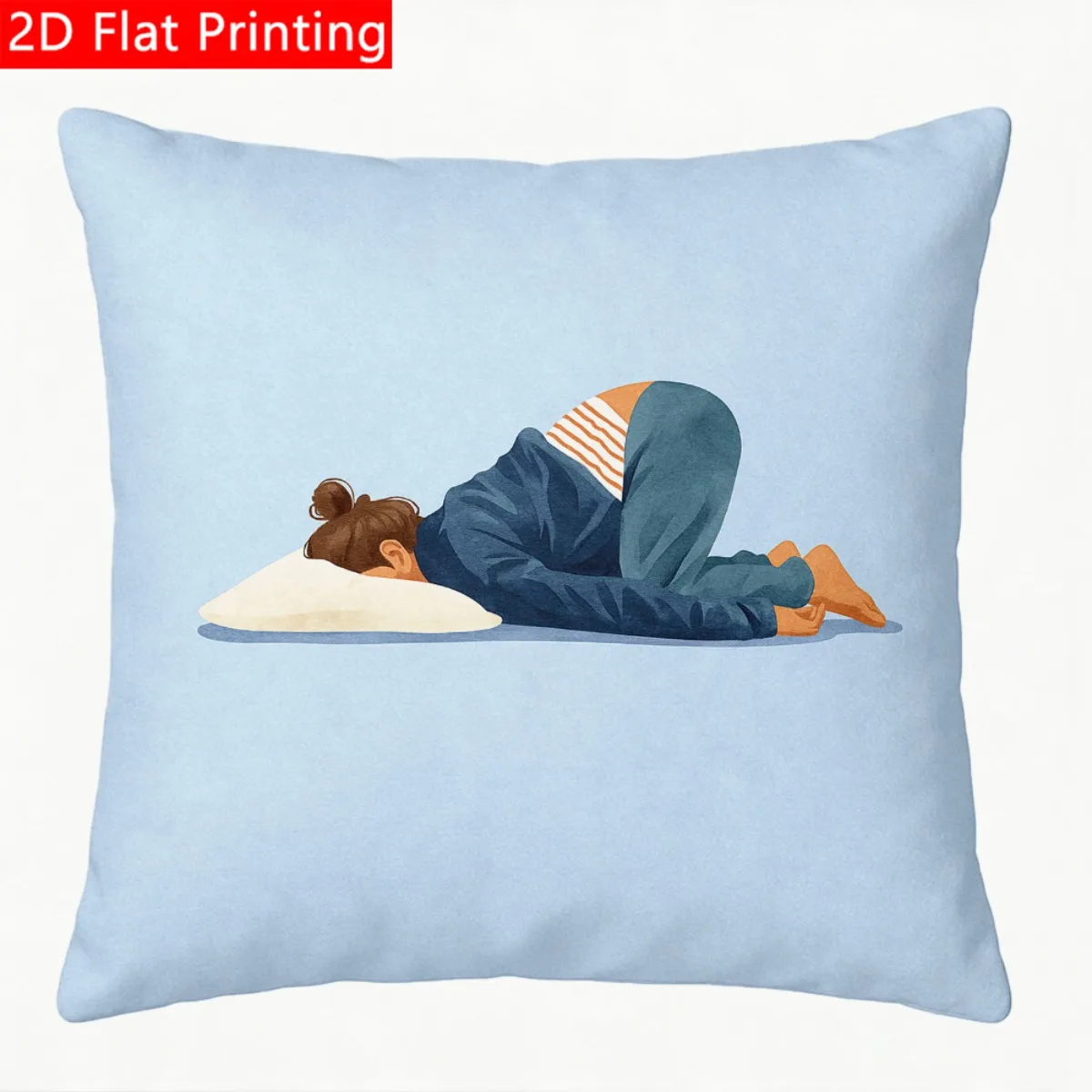 2D Flat - 1pc 2D Flat Throw Pillow Cover with Sleepy Woman Blue Striped Pajamas Illustration Print Polyester Soft, Cozy And Durable Cushion Cover Without Pillow Inserts Ideal for Living Room, Bedroom And Home Decor A Perfect Gift Choice