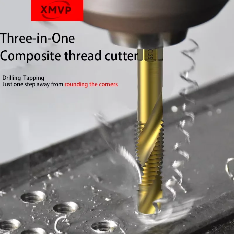 

Hexagonal shank composite thread turning tap drill bit for drilling chamfers in a single spiral machine. Threaded in sizes M3, M