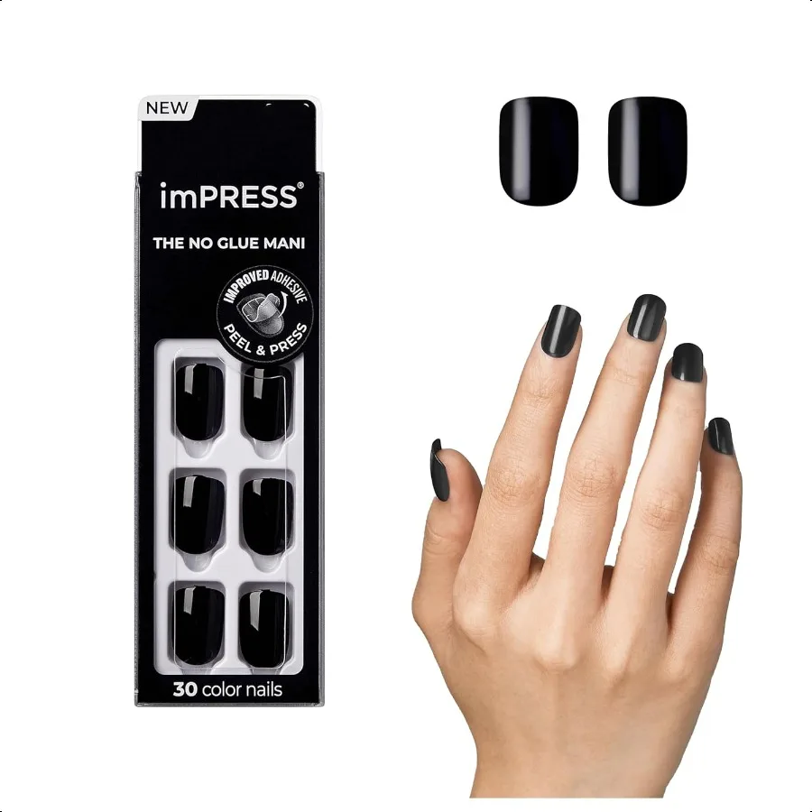 

KISS imPR No Glue Mani Pr On Nails «Все черный» Черный короткий размер Squoval Shape В комплект входит 30 гвоздей Prep Pad Инструкции Лист 1 м