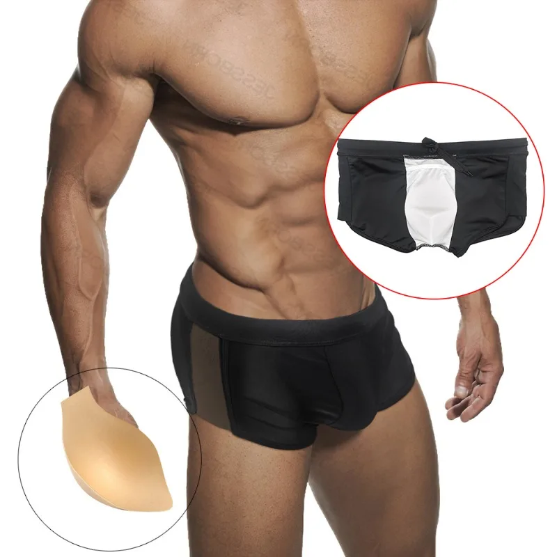 Man Sexy Hollow Out Black Boxers Penis Shape Pads Swimming Trunks Ocean Beach Hot Springs Trunks Gay Panties Casual Shorts