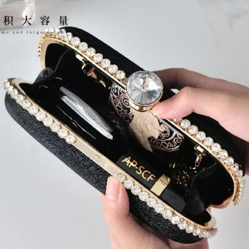 Sweet Pink Evening Bags for Women Classic Diamonds Metal Frame Clutches Wedding Party Handbag and Purse with Crossbody Chain