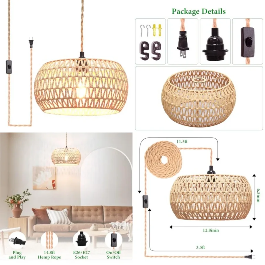 

Plug in Pendant Light Rattan Hanging Lamp Pendant Light with on/Off Switch Rattan Woven Shade Hanging Lamp Plug in for Living R