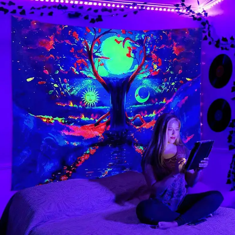 VIKAMA Black Light Dazzling Ringed Planet Alien Summit UV Active Tapestry Mind Altering Wall Decor Accent Soft Durable Cozy Gift