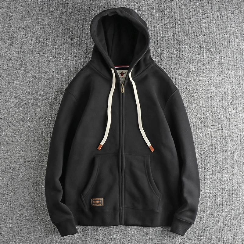 Autumn Winter American Retro Heavyweight Long Sleeved Hooded Hoodies Men\'s Simple Thickened Velvet Casual Cardigan Sweatshirts