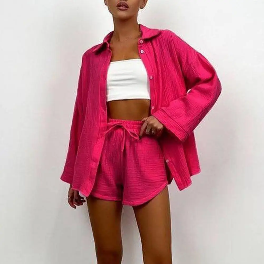 Women Casual Suit Women's Lapel Shirt Shorts Set with High Waist Drawstring Elastic Waist Solid Color Summer Outfit for Ladies 2