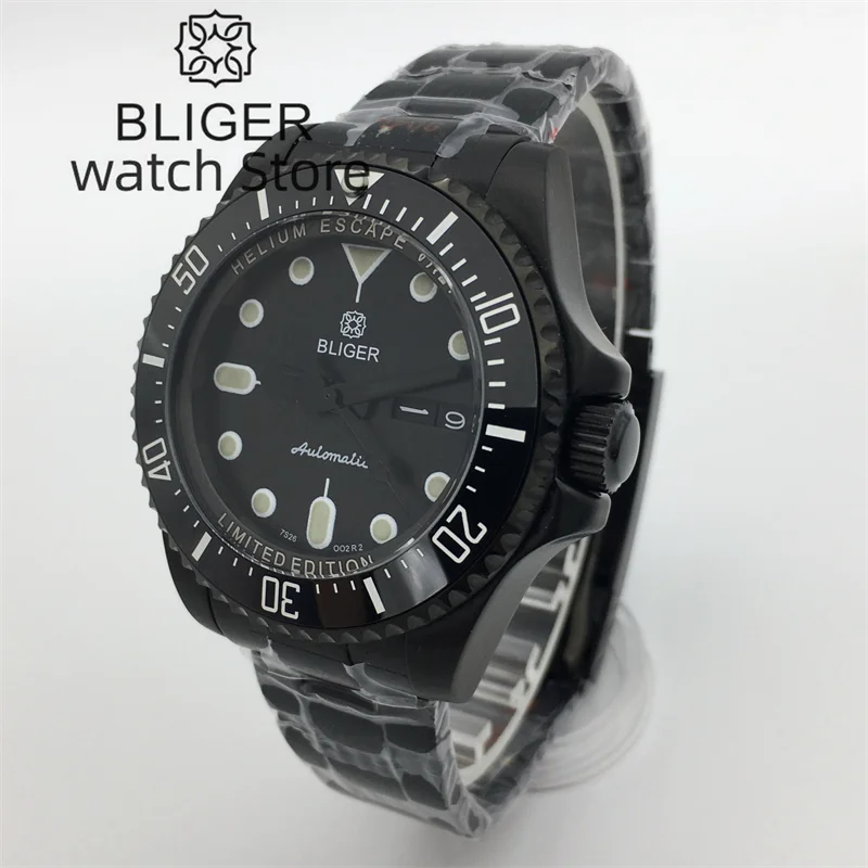 BLIGER 43mm Japan NH36A Mechanical SEA Watch For Men PVD Black Case Sapphire Glass Black Dial Luminous Auto Date Week Display