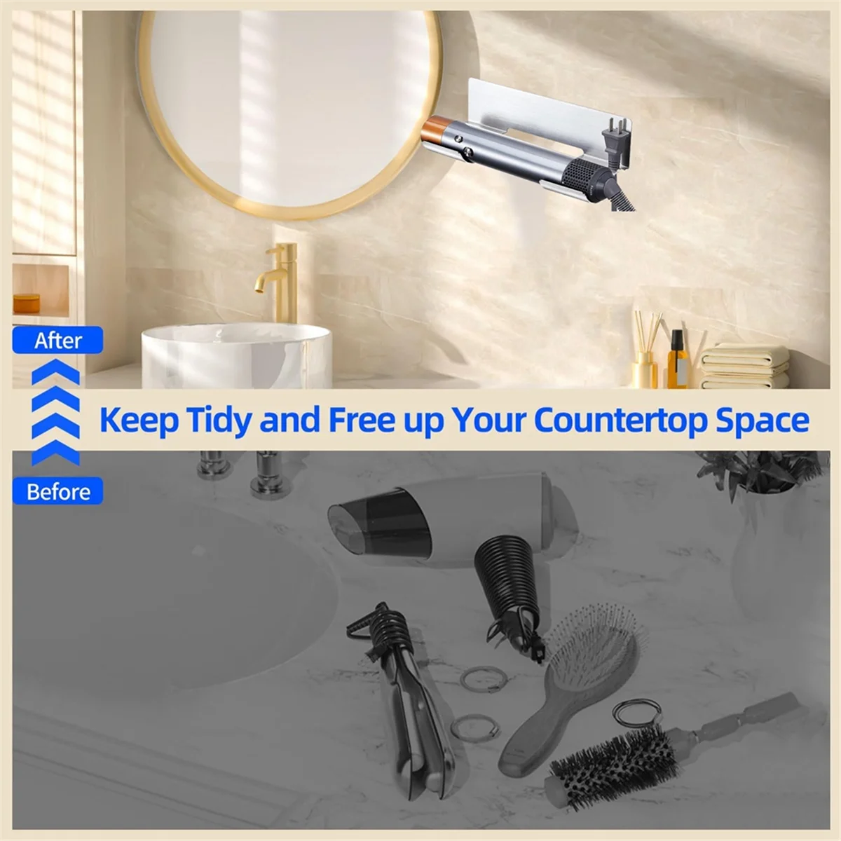A72P حامل تخزين أدوات الشعر، حامل مجفف الشعر، منظم أدوات الشعر، حامل مجفف الشعر للحمام، مثبت على الحائط، ذاتي اللصق #3