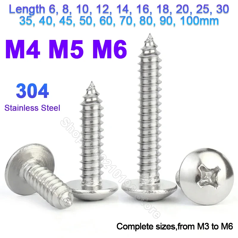 برغي ذاتي اللولبة برأس مسطح من الفولاذ المقاوم للصدأ ، فيليبس ، تروس ، مظلة مستديرة ، براغي خشبية ، كروس كبير ، M4 ، M5 ، L = 6-way way