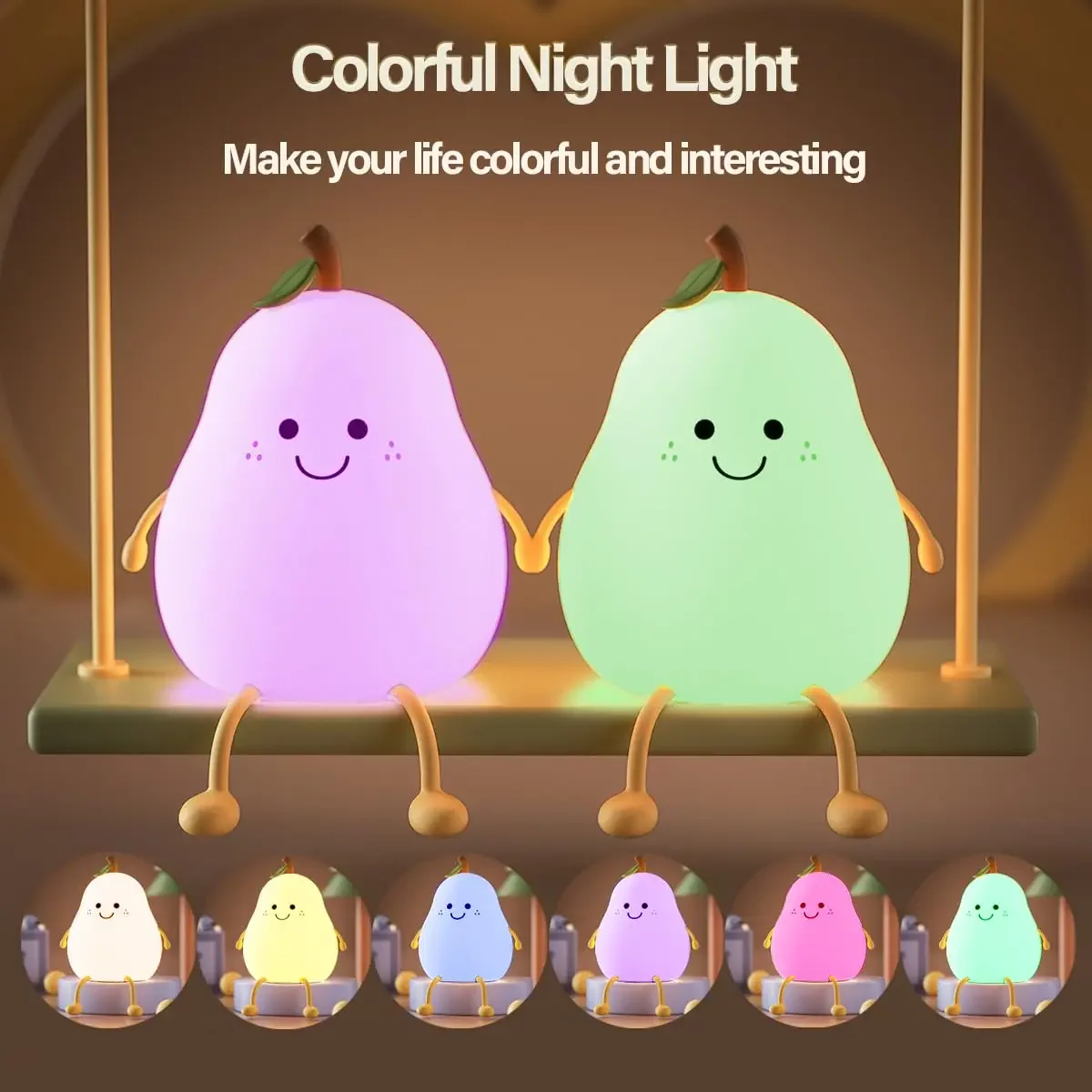 Lampka nocna LED Cute Pear z możliwością przyciemniania Lampy nocne do pokoju dziecięcego Super Squishy Silicone USB Akumulatorowe sterowanie dotykowe 7-kolorowa lampka nocna