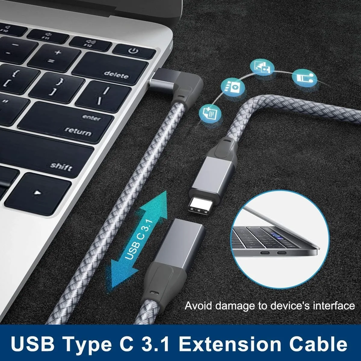 90-stopniowy przedłużacz USB C pod kątem prostym USB3.1 Gen2 Type-C męski na żeński 10 Gb/s 4K Video PD100W Plecionka do telefonu komórkowego