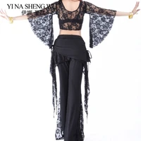 Conjunto de traje de danza del vientre para mujer, ropa de práctica, traje de baile con manga de mariposa de encaje para adultos, pantalones superiores, Ropa de baile