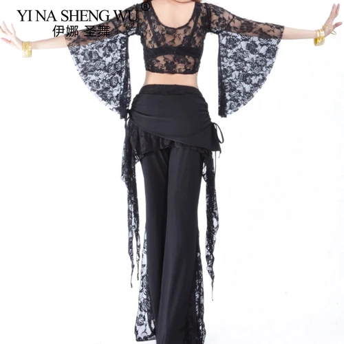 Conjunto de traje de danza del vientre para mujer, ropa de práctica, traje de baile con manga de mariposa de encaje para adultos, pantalones superiores, Ropa de baile