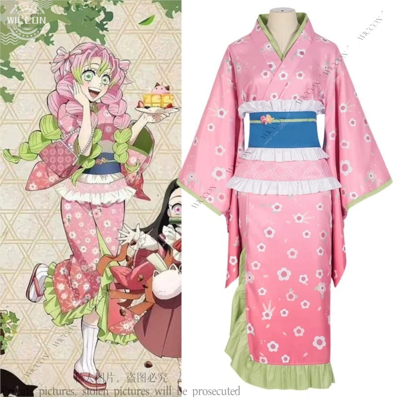 Mitsuri Kanroji New Anime Kimono Woman Adult Cosplay Costume Wig Pink Green Floral Dress Love Hashiras Halloween Party Full Set