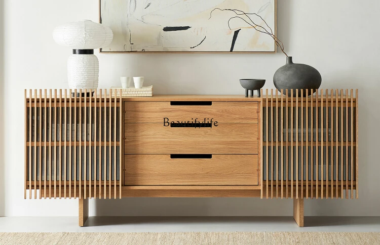 North America Black Walnut Wood Sideboard Cabinet Grid White Solid Wood Nordic Simple Black Bedroom Storage Chest of Drawers