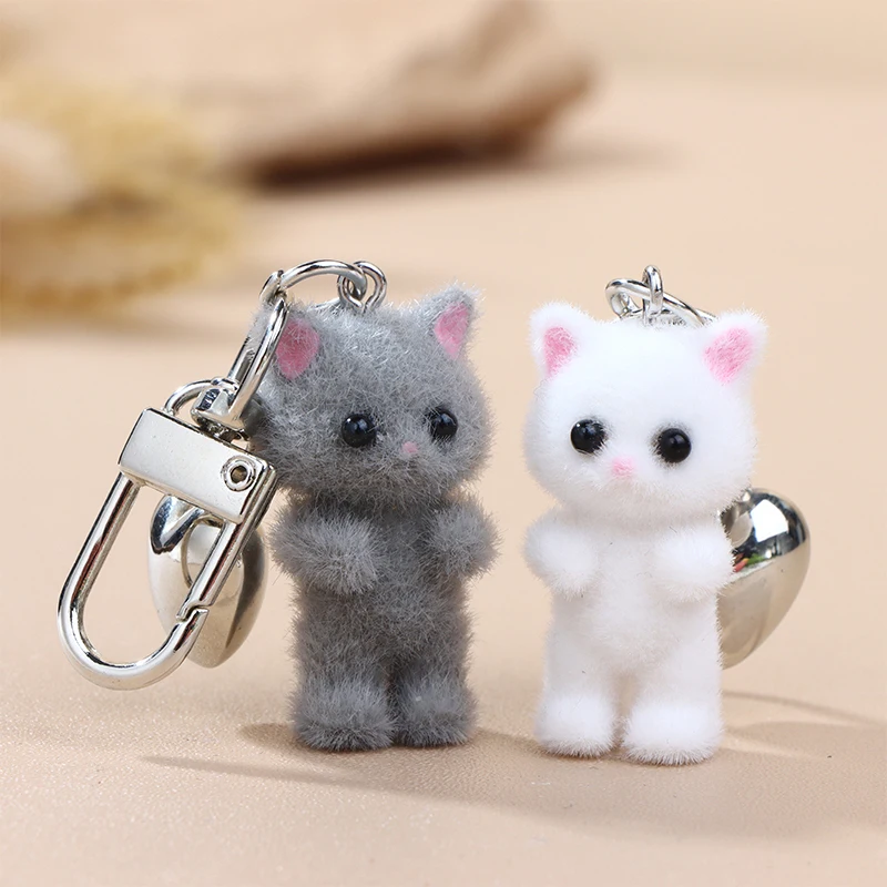 Cute Flocked Cat Keychain Three-dimensional Love Phone Pendant Headphone Case Charm Bag Decor Car Key Ring Jewelry Gift