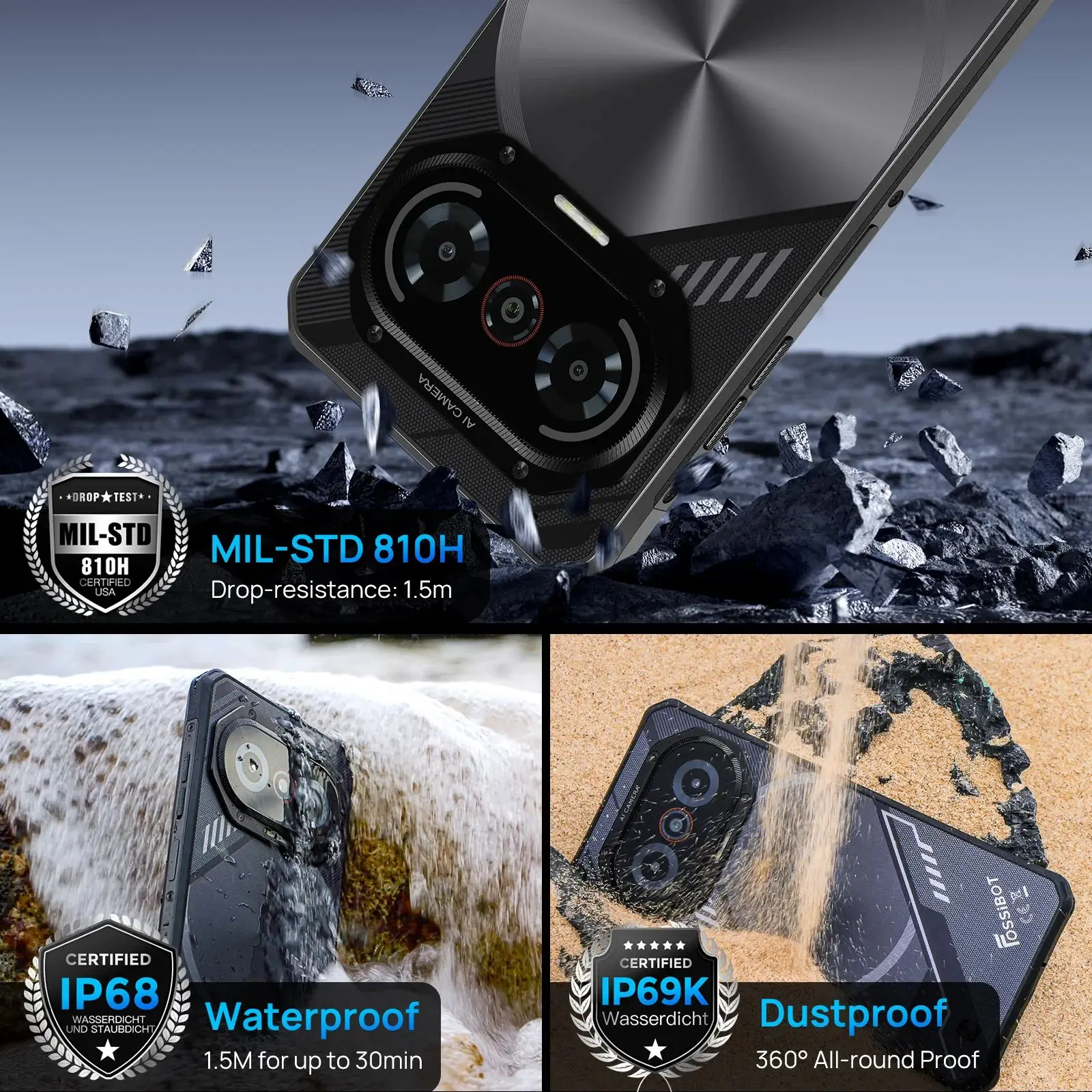 Fossibot F114 Ультратонкий прочный телефон 4 ГБ ОЗУ + 128 ГБ ПЗУ Мобильный телефон Unisoc T615 Камера 50 МП 5000 мАч Смартфон Android 15 NFC